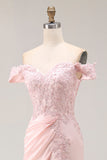 Vestido Formal Largo con Hombros Descubiertos de Sirena Rosa con Apliques