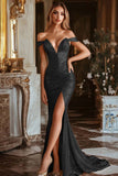 Vestido de fiesta con hombros descubiertos de sirena dorada brillante con abertura