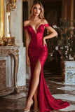 Vestido de fiesta con hombros descubiertos de sirena dorada brillante con abertura