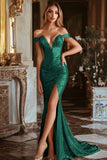Vestido de fiesta con hombros descubiertos de sirena dorada brillante con abertura