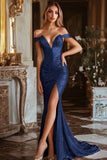 Vestido de fiesta con hombros descubiertos de sirena dorada brillante con abertura