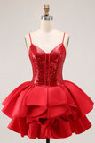 Vestido de regreso a casa con volantes en capas y líneas A rojo brillante
