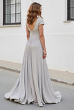 Vestido de Madre de la Novia con Cuello en V de Línea A Plateada