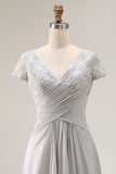 Vestido de Madre de la Novia con Cuello en V de Línea A Plateada