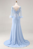 Vestido de sirena de la Madre de la Novia con aplíquios azul celeste y cuello en V con mangas