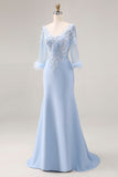 Vestido de sirena de la Madre de la Novia con aplíquios azul celeste y cuello en V con mangas