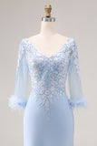 Vestido de sirena de la Madre de la Novia con aplíquios azul celeste y cuello en V con mangas