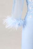 Vestido de sirena de la Madre de la Novia con aplíquios azul celeste y cuello en V con mangas