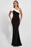 Vestido largo formal de satén negro sirena de un hombro