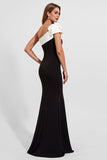 Vestido largo formal de satén negro sirena de un hombro