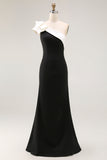 Vestido largo formal de satén negro sirena de un hombro
