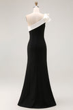 Vestido largo formal de satén negro sirena de un hombro