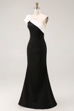 Vestido largo formal de satén negro sirena de un hombro