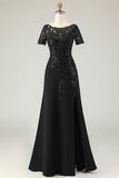 Vestido largo de la madre de la novia con apliques de satén negro con mangas