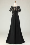Vestido largo de la madre de la novia con apliques de satén negro con mangas