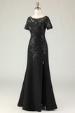 Vestido largo de la madre de la novia con apliques de satén negro con mangas