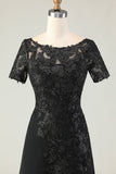 Vestido largo de la madre de la novia con apliques de satén negro con mangas