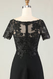 Vestido largo de la madre de la novia con apliques de satén negro con mangas