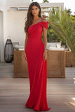 Vestido formal largo fruncido de un hombro rojo