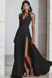 Vestido formal largo plisado de gasa halter de línea A negro