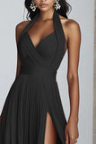 Vestido formal largo plisado de gasa halter de línea A negro