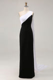 Vestido Formal Largo de Un Hombro con Raya en Blanco y Negro