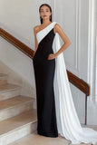 Vestido Formal Largo de Un Hombro con Raya en Blanco y Negro