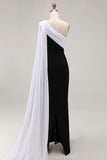 Vestido Formal Largo de Un Hombro con Raya en Blanco y Negro