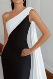 Vestido Formal Largo de Un Hombro con Raya en Blanco y Negro