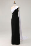 Vestido formal largo de talla grande de un solo hombro en blanco y negro con serpentina