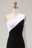 Vestido Formal Largo de Un Hombro con Raya en Blanco y Negro