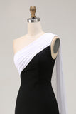 Vestido Formal Largo de Un Hombro con Raya en Blanco y Negro