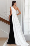 Vestido Formal Largo de Un Hombro con Raya en Blanco y Negro