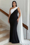 Vestido formal largo de talla grande de un solo hombro en blanco y negro con serpentina