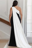 Vestido formal largo de talla grande de un solo hombro en blanco y negro con serpentina