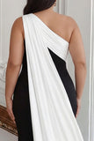 Vestido formal largo de talla grande de un solo hombro en blanco y negro con serpentina