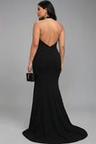 Vestido formal largo de talla grande de sirena negro con tira alta y sirena