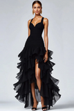 Vestido formal negro de organza con volantes alto y bajo