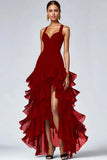 Vestido formal alto y bajo de organza negra de línea A con abertura de volantes
