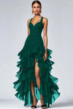 Vestido formal alto y bajo de organza negra de línea A con abertura de volantes