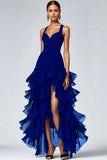 Vestido formal alto y bajo de organza negra de línea A con abertura de volantes