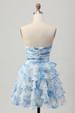 Vestido corto de regreso a casa sin tirantes de flores blancas azules de una línea con lazo