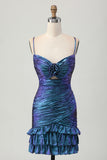 Vestido de regreso a casa con volantes recortado azul metalizado y morado