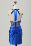Vestido de satén sin espalda Bodycon azul real con pedrería