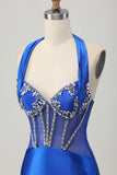 Vestido de satén sin espalda Bodycon azul real con pedrería