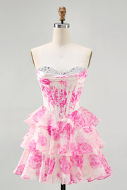 Vestido de regreso a casa estampado con corsé sin tirantes de flores rosas con lentejuelas