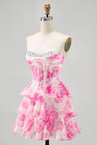 Vestido de regreso a casa estampado con corsé sin tirantes de flores rosas con lentejuelas