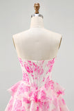 Vestido de regreso a casa estampado con corsé sin tirantes de flores rosas con lentejuelas