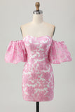 Vestido de regreso a casa floral rosa con hombros descubiertos y mangas desmontables
