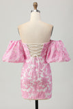Vestido de regreso a casa floral rosa con hombros descubiertos y mangas desmontables